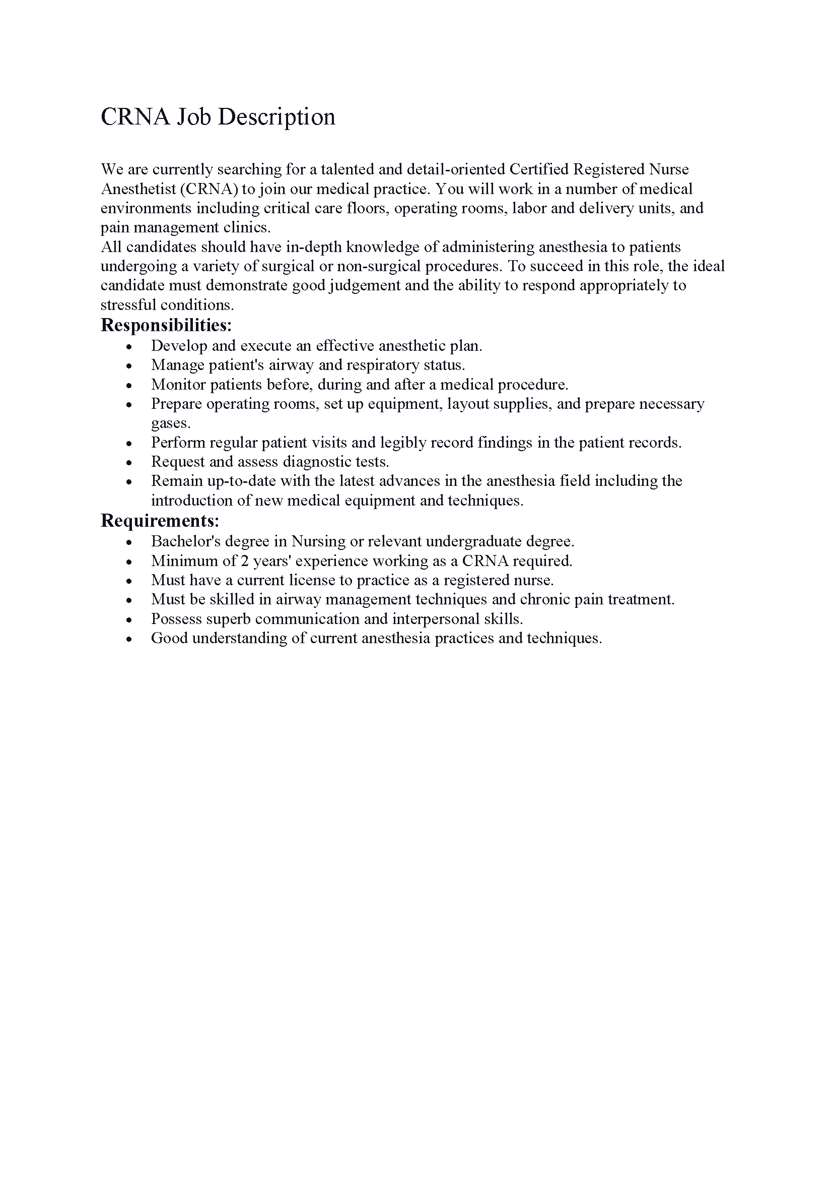 CRNA Job Description